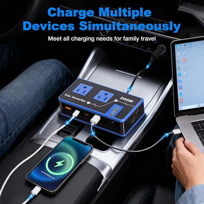 200W Car Power Inverter, Amcelooy Dual DC 12V to 110V AC Car Outlet Adapter to Wall Plug, Fast Charging 24W USB-C & USB Ports, Portable Charger Converter with for Laptops, Phones(Blue)