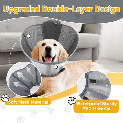 Upgraded Dog Cone Collar for Large Medium Dogs, Soft Dog Cone with Double-Layer Design, Adjustable Pet Recovery Collar for Dogs After Surgery, Elizabethan Collar (M, Grey)