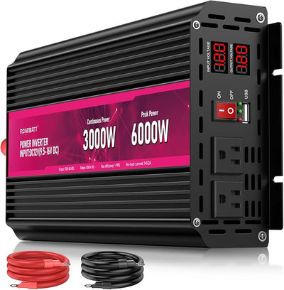 3000W Power Inverter 12V DC to 110V/120V AC, 6000W Peak Car Inverter with 2 AC Outlets, 2.4A USB Port & LCD Display, Portable Backup Power Converter for RV, Truck, Camping, Outdoor & Emergency