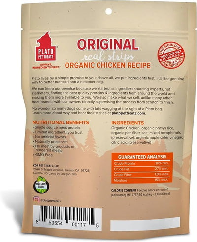 PLATO Pet Treats Real Strips Dog Treats – USDA Organic Chicken – Air-Dried High Protein Dog Treats – Limited Ingredient, Nutrient Dense, No Fillers – Made in USA – 6 oz