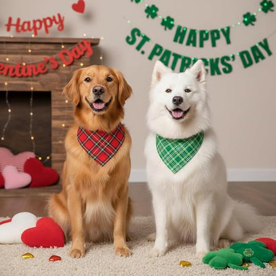 Weewooday 50 Pcs Valentine's & St. Patrick's Day Dog Bandanas Bulk Red & Green Plaid Bandanas for Dogs Soft Triangle Bibs Adjustable Scarf for Small Medium Large Pets(25.6 x 17.7 x 17.7 Inch)