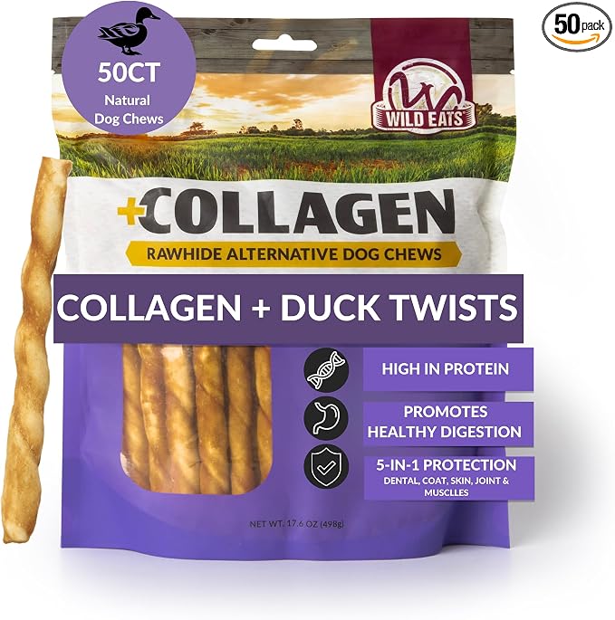 Wild Eats Duck Flavor Collagen Twist Style Long Lasting Dog Chews (50 Pack, 1 cm Wide) No Hide, Dog Treat Bully Stick Alternative, Rawhide Free, Grain Free, High Protein