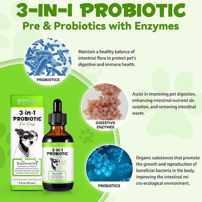Probiotic for Dogs, 2 Pack Natural 3 in 1 Dog Probiotic Drops Helps to Diarrhea & Upset Stomach Relief, Supports Healthy Digestive System, Allergies, Digestive Enzyme for Dog, Bacon Flavor - 60ml x 2