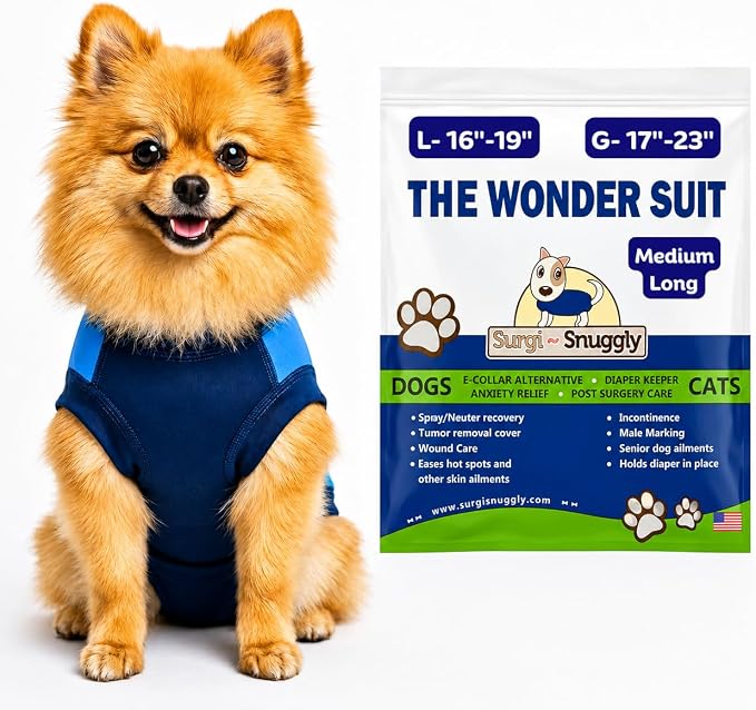 Surgi Snuggly Dog Surgery Recovery Suit – Dog Onesie for Post Surgery Recovery, Female Spay & Male Neuter – Surgical Suit for Dogs, E-Collar Cone Alternative, Double Blue - Medium Long, 16" - 19" (EC)