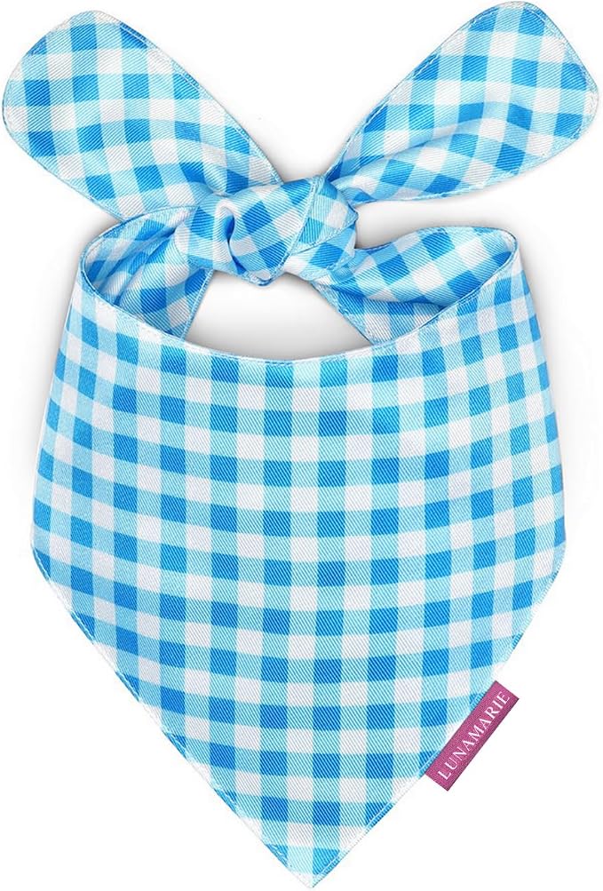 LunaMarie - Luxury Dog Bandanas - Puppy Bandanas Cat Accessories | Premium & Silky Fabric | 100% Handmade Quality | Custom Shape Dual Layered Small, Medium, Large Cat Scarf (Blue Checkers, Medium)