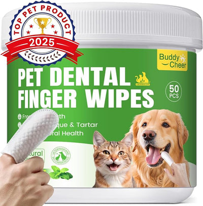 Pet Teeth Cleaning Wipes for Dogs & Cats, Pet Dental Finger Wipes for Dogs, No-Rinse Dog Toothbrush Toothpaste to Reduce Plaque & Tartar, Disposable Dog Tooth Brushing Kit - Mint Flavor - 50 Count