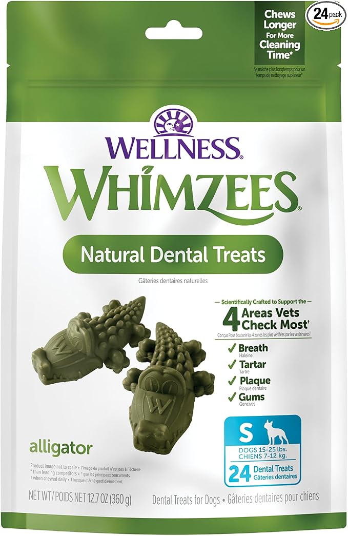 Whimzees Wellness Alligator Natural Dog Dental Treat, Chews, Freshens Breath, Small Size, 12.7 oz Bag, 24 Count