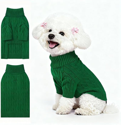 Small Dog Thermal Pullover Sweater, Classic Turtleneck Cable Knitwear Dog Clothes for Cold Weather Warm Pet Clothes for Chihuahua, Bulldog, Dachshund, Pug Green Medium