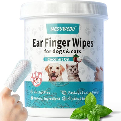 MEDUWEDU Ear Cleaner Finger Wipes 60 Counts, Dog Ear Cleaner, Grooming Kit Care for Dogs and Cats, Soft & Easy Otic Cleaning Pads, Remove Wax, Dirt & Stop Smelly, Itchy, Non-Irritating, Mint Scent