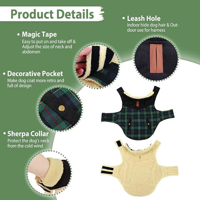 Winter Coat for Small and Medium Dogs, Puppy Plaid Jacket, Cotton Coat for Cold Weather, Windproof Warm Dog Garments, Pet Thickened Outfits Indoor Outdoor, Green XL