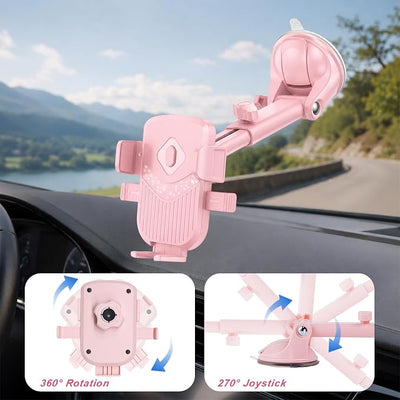 Car Phone Holder, 360° Rotation Strong Suction Vehicle Dashboard Windshield Air Vent Mobile Phone Mount, Auto Interior Dash Windshield Cellphone Stand, Universal Fit for SUV RV Truck, Pink
