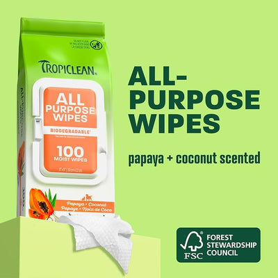 TropiClean Papaya & Coconut Dog Wipes for Paws and Bottom | Deep Cleaning Dog Grooming Wipes | Safe for The Face | Cat Friendly | 400 Count