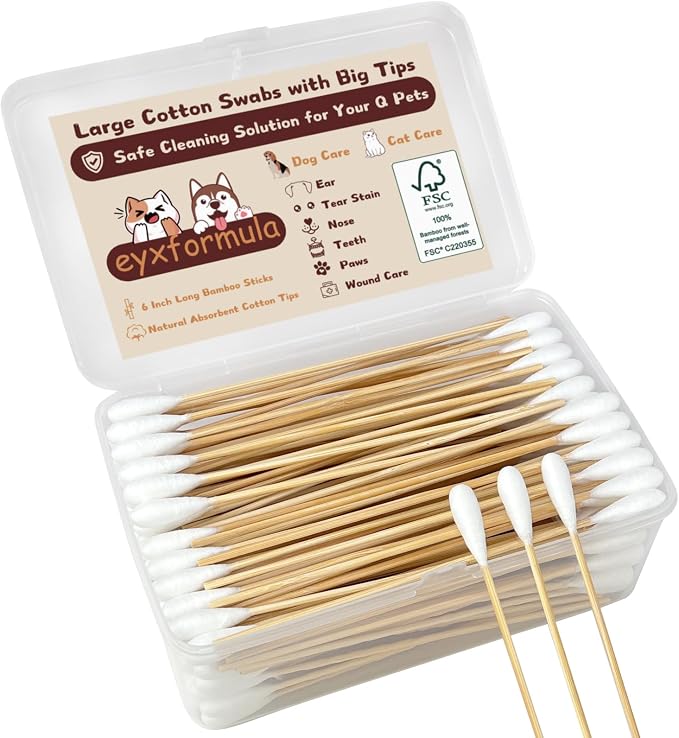 eyxformula 6 Inch Long Cotton Swabs for Pet Cleaning, Bamboo Handle, Pet Ear Cleaning Solution Supplies for Dogs and Cats (200 pcs Large Cotton swabs)