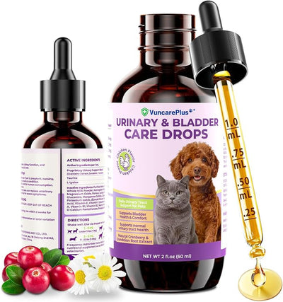 Cat & Dog Urinary Tract Support Drops, Cranberry Supplement for Dogs & Cats, Bladder & Kidney Health Liquid with Dandelion, Turmeric, L-Lysine, Taurine & Vitamins, Chicken Flavor, 2 fl oz