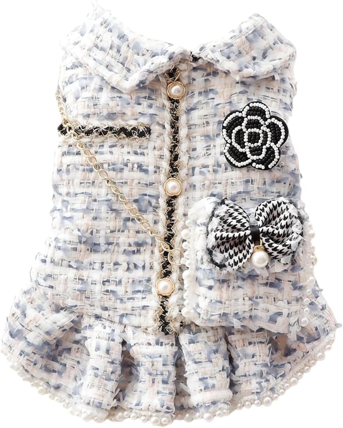 Spring Fall Winter Dog Tweed Coat with Pearl Design, Warm Fleece Dog Dress for Small Medium Dogs & Cats, Cute Puppy Clothes with Bow & Flower, Luxury Pet Outfit for Girls(Blue, M)