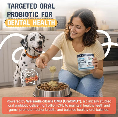 Pets Are Kids Dog Dental Powder | Premium Breath Freshener with OraCMU™ Probiotic for Gut Support | Easy-to-Mix Dog Teeth Cleaning Powder | Fights Bad Breath, Tartar & Plaque | Bacon Flavor, 60 Scoops