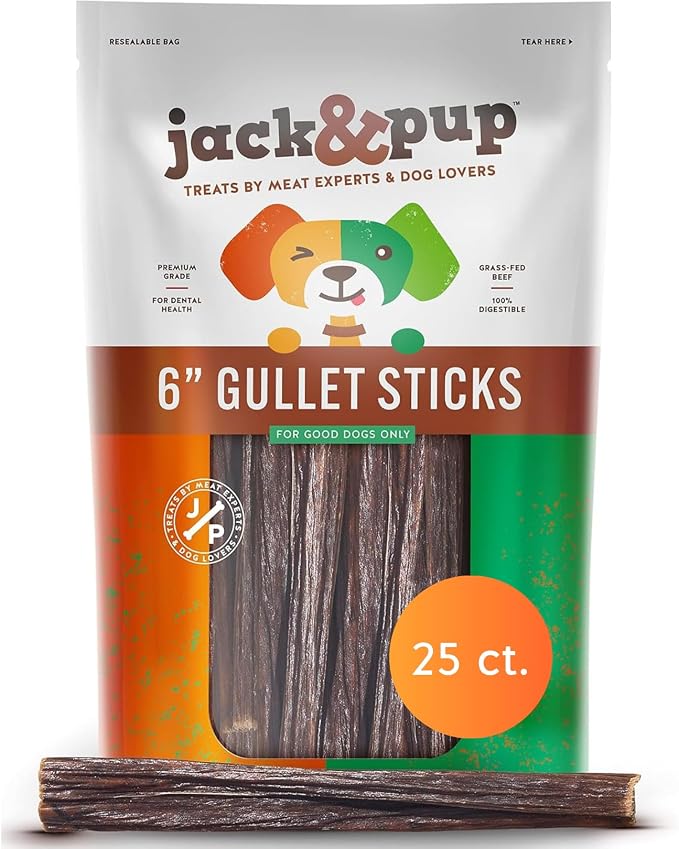Jack&Pup 6-inch Gullet Sticks for Dogs (25 Pack) Esophagus Dog Treats, Long Lasting Chew, Beef Jerky for Dogs
