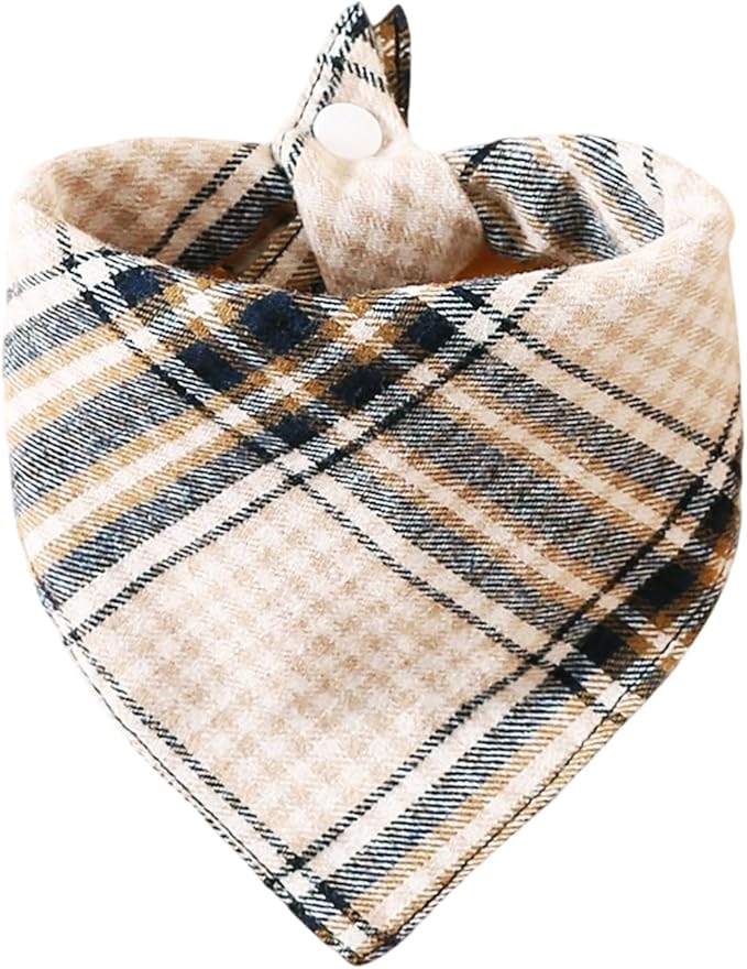 Beige & Navy Plaid Cotton Dog Bandana - Valentine Adjustable Triangular Scarf for Boys and Girls Pets, Soft & Stylish,Medium
