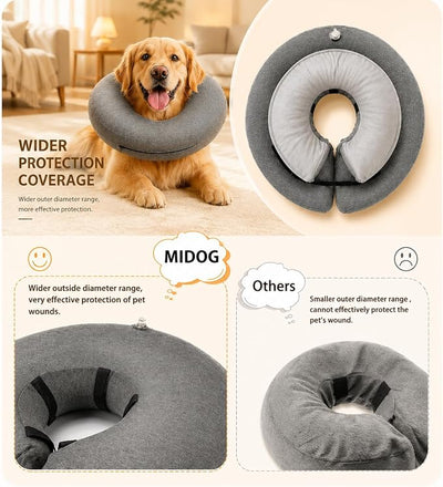 MIDOG Inflatable Dog Cone, Soft Donut Recovery Collar Alternative After Surgery to Help Prevent Licking, Comfy E Collar with Neck Pillow Design, Grey, L
