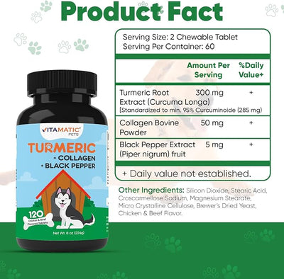 Vitamatic Turmeric for Dogs – 120 Chewable Tablets – Anti-Inflammatory Pain Relief with Curcumin, Collagen & Black Pepper – Hip & Joint Support for Dogs