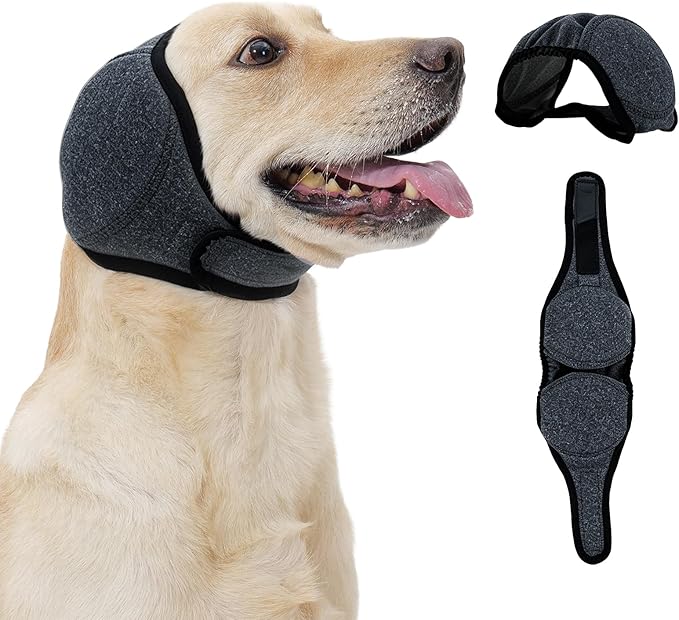 Dog Head Wrap - No Shake Ear Wrap Snood for Noise & Anxiety Relief, Ear Protector with Calming Hoodie, Dog Headband Ear Muffs for Hematoma, Grooming and Drying (Pearl Gray, M(Head Circle:14"-19"))