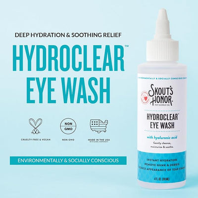 SKOUT'S HONOR HydroClear Eye Wash with Hyaluronic Acid, 4oz Bottle - Non-Medicated, Daily Eye Care for Dogs & Cats, 3-Pack