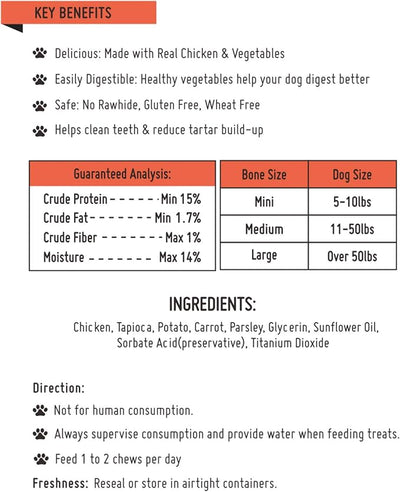 LuvChew Premium Dog Bones, Made with Real Chicken & Wholesome Vegetables, Rawhide Alternative, Large 2pcs/Pack x2packs