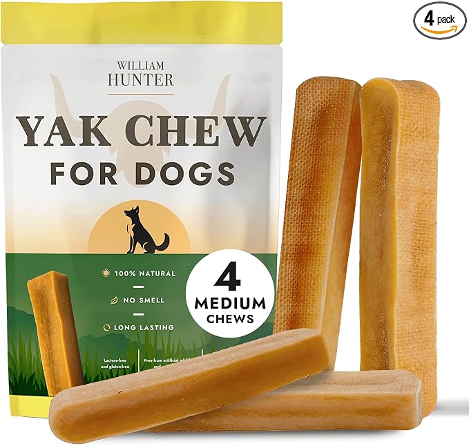 William Hunter Yak Cheese Himalayan Dog Chews - Long Lasting 100% Natural High Protein Dental Dog Chews for Aggressive Chewers (4 Medium Sticks)