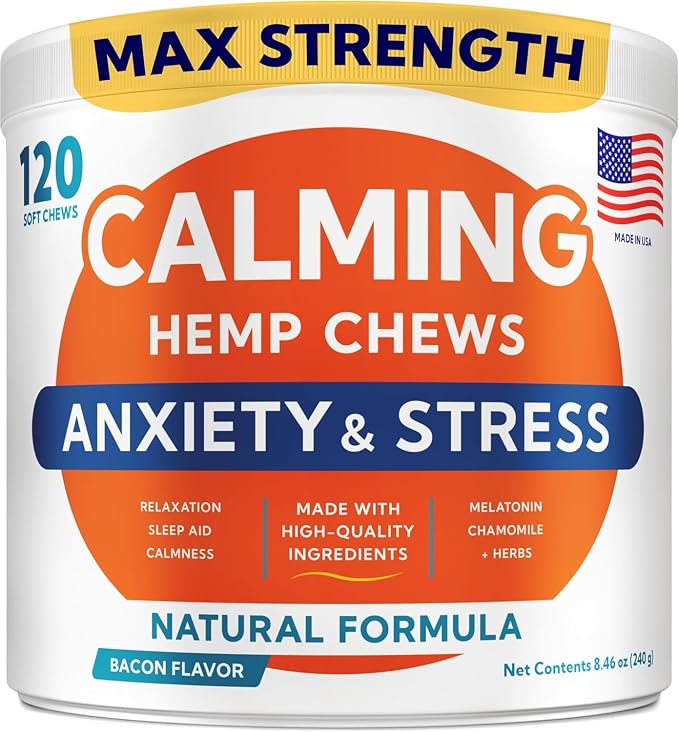 Advanced Calming Chews for Dogs - Hemp Treat + Melatonin + Valerian - Relaxing Bites - Calming Care - Anti-Anxiety & Stress Relief - Made in USA - Calm, Sleep Aid, Storms - 120Ct