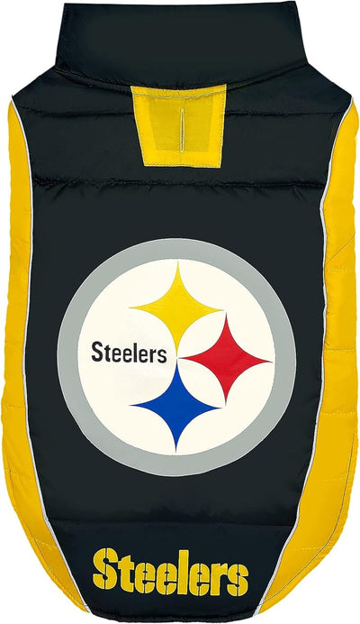 NFL Pittsburgh Steelers Puffer Vest for Dogs & Cats, Size Small. Warm, Cozy, and Waterproof Dog Coat, for Small and Large Dogs/Cats. Best NFL Licensed PET Warming Sports Jacket