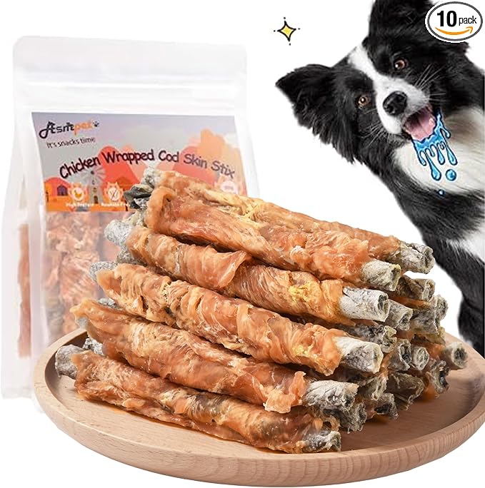Dog Treats Cod Skin, Chicken Wrapped Cod Skin Sticks, Rich in Omega-3 and Microelements Dog Chew for Small Medium Large Dogs