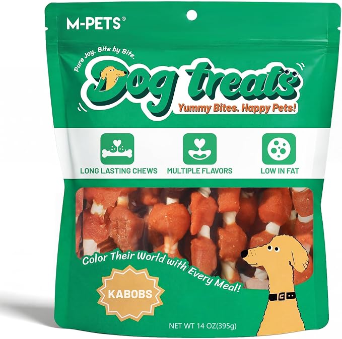 M-PETS Dog Treats, 5 Flavor Dogs Kabob Snacks Long Lasting Chews, Made with Real Chicken and Duck Jerky Meat 18pcs Rawhide Sticks