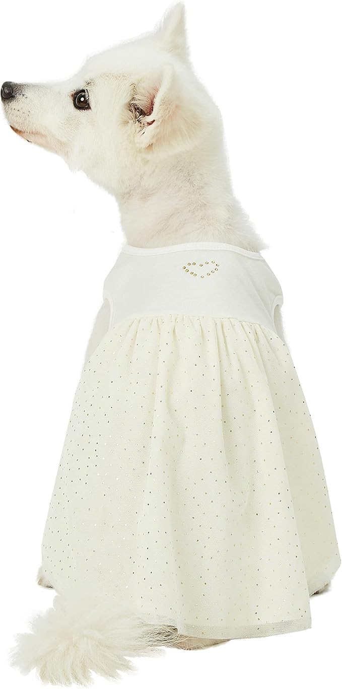 Blueberry Pet My Little Princess Cotton Blend Dog Tulle Dress in Sweet Vanilla with Heart, Back Length 10", Pack of 1 Clothes for Dogs