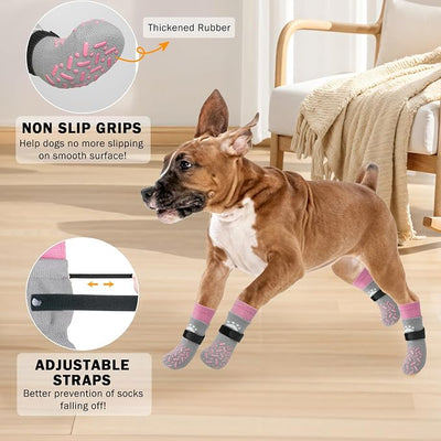 SCENEREAL Dog Socks to Prevent Licking Paws for Hot/Cold Pavement, Anti Slip High Top Dog Grip Socks for Hardwood Floors, Dog Shoes Booties&Paw Protector for Small Medium Large Senior Dog, Pink L