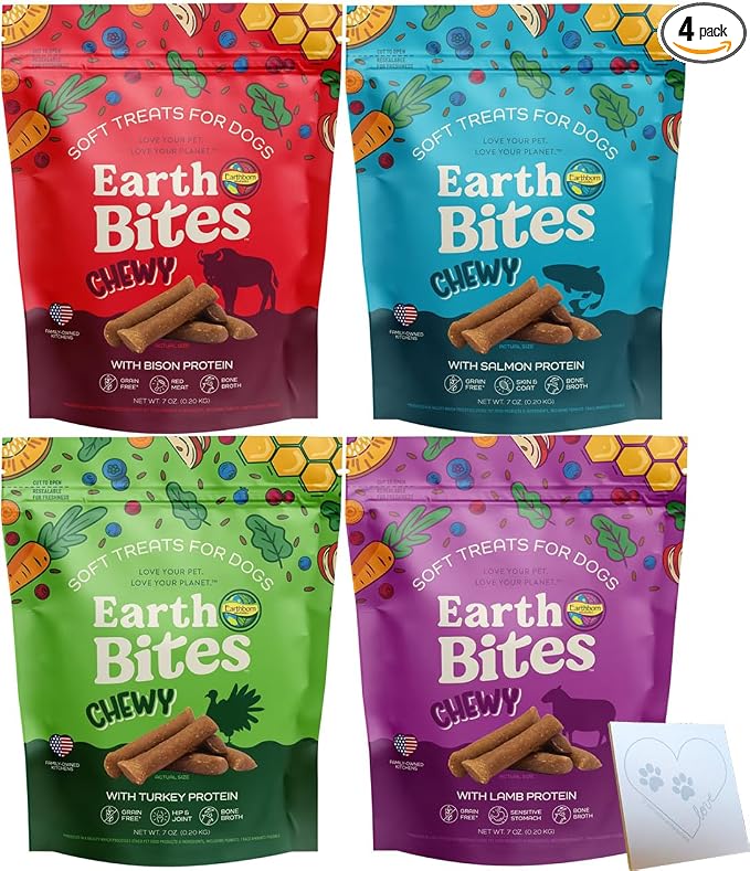 Earthborn-Holistic Dog Treats Chewy Variety Pack - 4 Delicious Earth Bites Flavors: Lamb, Bison, Turkey, & Salmon (7oz Each)