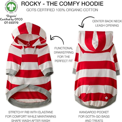 Pet Passion Rocky – The Original Lightweight Hooded Tee 100% Organic Cotton Dog Hoodie Pet Coat Sweater for All Sized Dogs, Red Bold Stripe, Large (40-60 lbs)