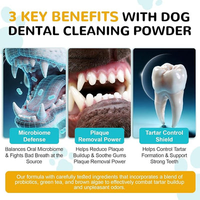 Dog Dental Powder - Teeth Cleaning Powder for Dogs Dental Care and Bad Breath Fresh, Plaque Reduce, Tartar Remover with Enzyme, Probiotics. PlaqueOff Pet Tooth Cleaning 120 Grams 60 Days Supply