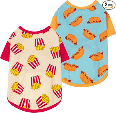 Fitwarm 2 Pack Hot Dogs & French Fries Dog Shirt, Funny Summer Clothes for Small Dogs Boy Girl, Cozy Pet Outfit, Beige, Blue, XS
