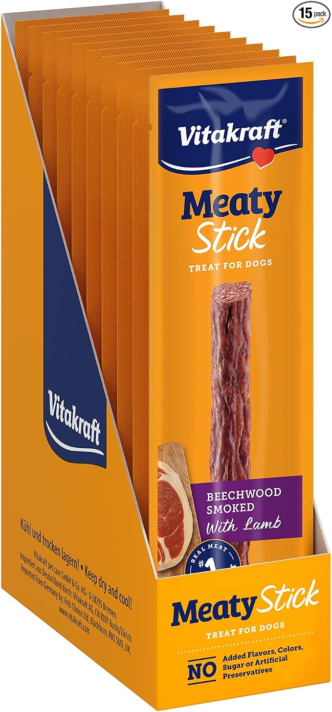 Vitakraft MeatyStick Lamb, Jerky Treat for Dogs, No Added Sugar, Real Meat #1 Ingredient, No Artificial Preservatives, Flavors or Colors, Naturally Smoked, Individually Packed, 1.0 oz, Stick, 15 count