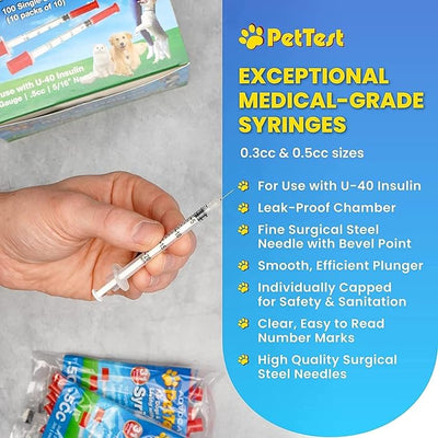 PetTest U-40 Pet Insulin Syringes 0.5CC 30G, 1/2 inch Long Needles, Comfortable Thin 30 Gauge, For Larger Dogs Tough Skin, Pets Diabetic Supplies,100 Pack