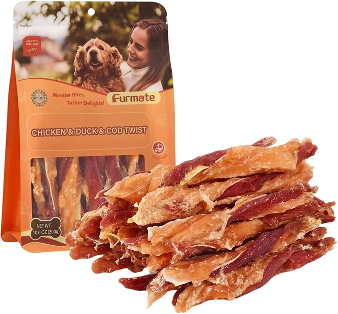 Chicken Duck Cod Twist Soft Dog Jerky Treats, Triple Flavor Rawhide-Free Grain-Free Dog Training Reward Snacks, Healthy Skin & Shiny Coat Chews for Small Medium Large Breed Dogs, 10.58 oz