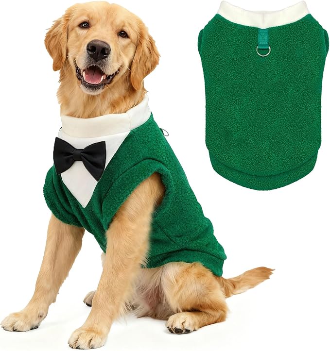 Cute Dog Fleece Sweater with D-Ring, Fall Winter Dog Clothes Tuxedo Costume with Bowtie, Soft Puppy Sweatshirt Golden Retriever Apparel Doberman Outfits for Small Medium Large Dogs(Green,8XL)