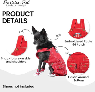 Parisian Pet Red Dog Overalls - Route 66 Denim Dog Clothes - Breathable Sling Puppy Jumpsuit - Durable and Trendy Overalls for Dogs - Comfortable Jeans Dog Clothes for Medium Dogs - Classy Pet Apparel