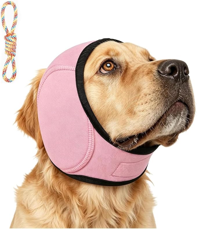 Zenpup Noise Cancelling Ear Wrap, Dog Ear Muffs Noise Protection Firework Thunder Vacuum, Elastic Dog Ear Wrap with Sound-Blocking Rubber Pads, No Shake, Adjustable (Pink, Medium)