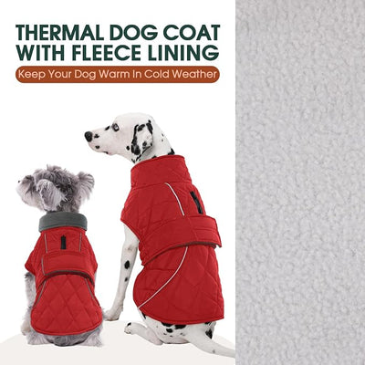 Kuoser Dog Coat, Super-Warm Dog Jacket Windproof Pet Cold Weather Coats for Extra Large Dogs, Fleece Lining Quilted Turtleneck Puppy Snowsuit Reflective Adjustable Doggie Winter Clothes, Red, 2XL
