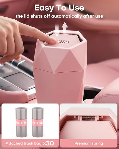 HOTOR Car Trash Can with Lid - 2 Pack, Car Accessories for Interior, Leakproof Vehicle Garbage Can with 30 Attached Trash Bags, Multipurpose Organizers and Storage for Home, Office, Pink