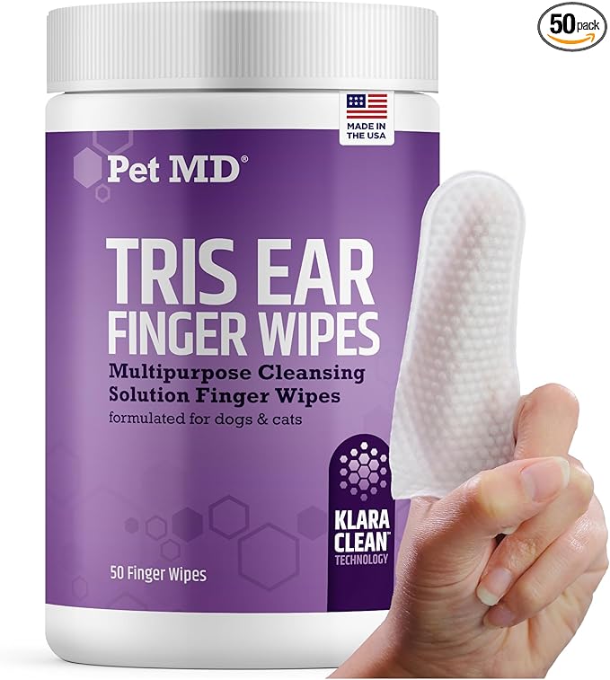 Pet MD Tris Ear Finger Wipes for Dogs & Cats - 50ct | Multipurpose Cleansing Solution Cat Ear Wipes & Puppy Ear Cleaner - Pet Safe Cleaner to Clean and Remove Debris