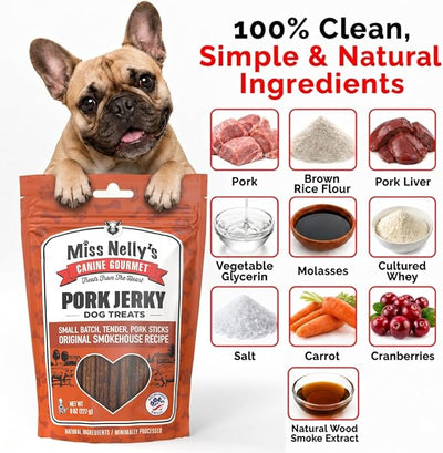 Miss Nelly's- All Natural Pork Jerky Dog Treats Made in USA Only-Original Smoke House Recipe-Minimally Processed Soft Sticks Dog Jerky Treats-8 oz. Bags