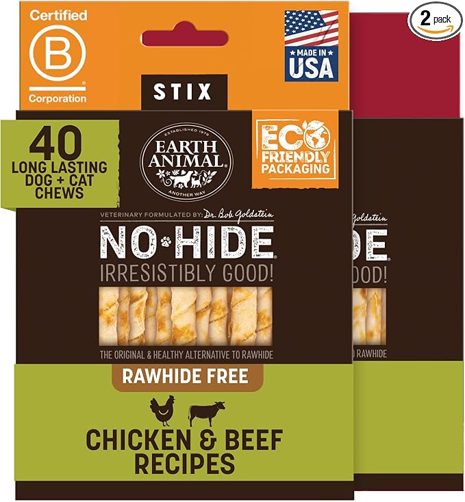 Earth Animal No Hide Stix - Long Lasting Rawhide Free Small Dog Chews Sticks, Chicken & Beef Variety Bundle - 40 Count Value Pack