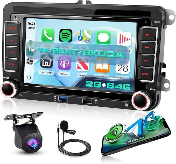 Hodozzy 4G+64G Android Car Stereo for VW Jetta Passat Golf Beetle Polo Caddy Tiguan Touran SEAT Skoda,7 Inch Touchscreen with Wireless Carplay Android Auto GPS WiFi Bluetooth FM/RDS DSP Canbus Camera